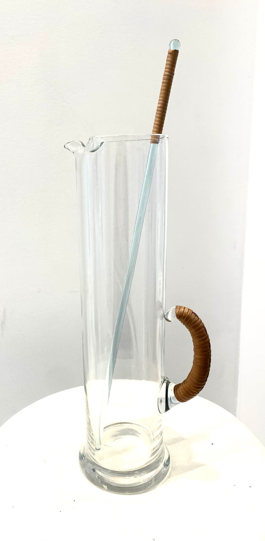 Vintage Carl Aubock extra tall rattan + glass pitcher w/stir (rare)